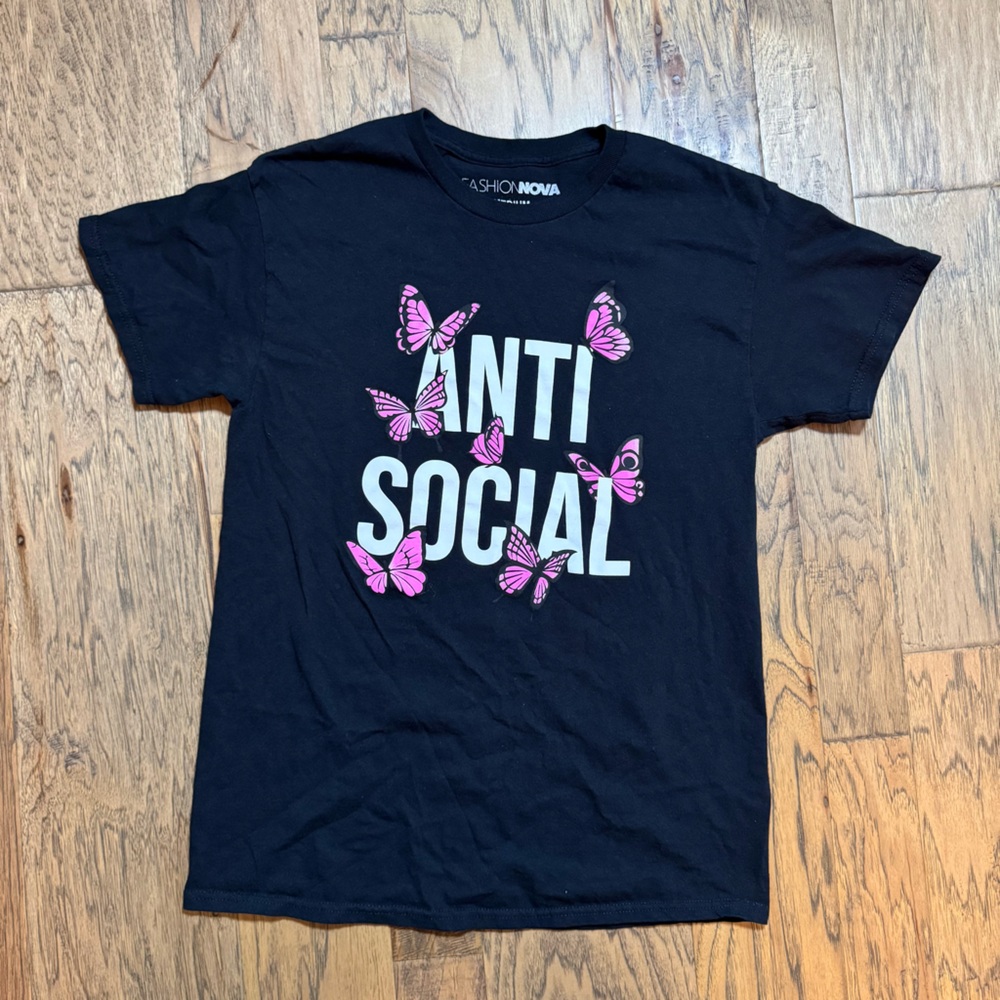 Fashion Nova Black Tee with Pink Butterflies